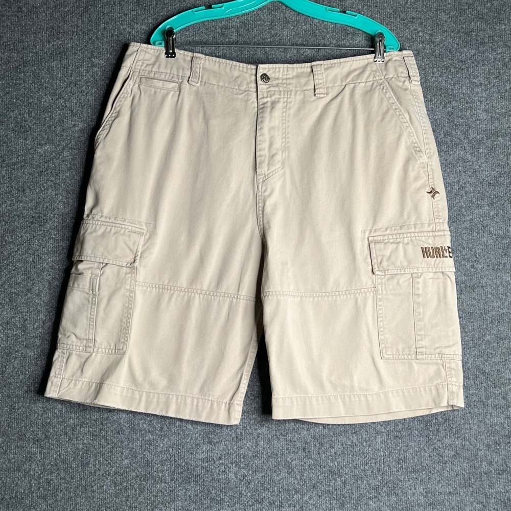 Hurley International Mens‎ Khaki Cargo Shorts Tan Cotton Twill Size 36 Y2K